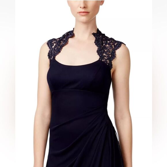 Xscape Stand-Collar Illusion Back Navy Blue Formal Gown Size 16W Ruched Lace NEW - Picture 4 of 16